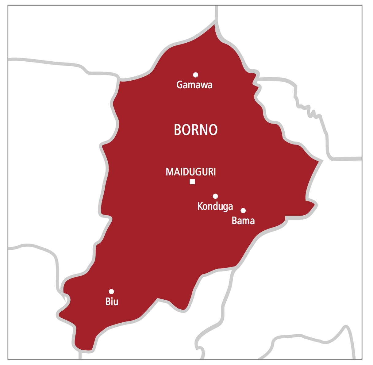 Map of Borno showing affected areas