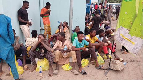 Fasting Muslims gathering to break their fast during Ramadan.