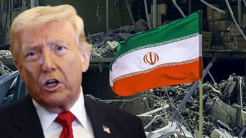 A file photo showing Donald Trump and an Iranian flag in the background.
