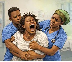 A psychiatric nurse assisting a patient in a psychiatric ward.