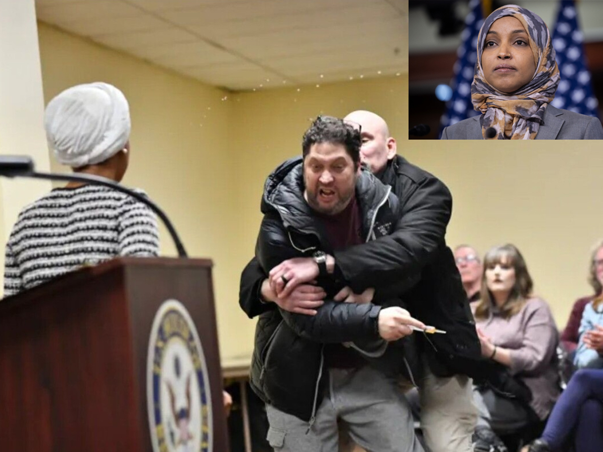 Representative Ilhan Omar speaking at the town hall meeting before the incident