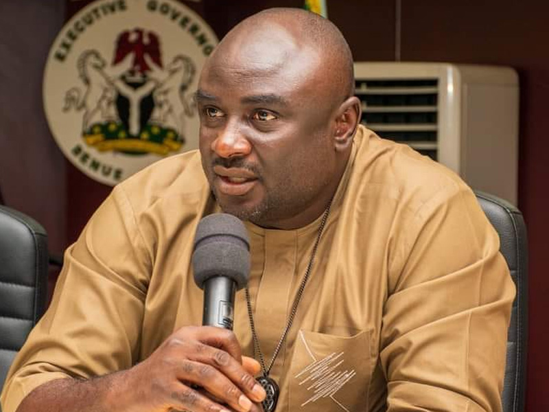 Tersoo Kula speaking at a press conference regarding Benue State's development.