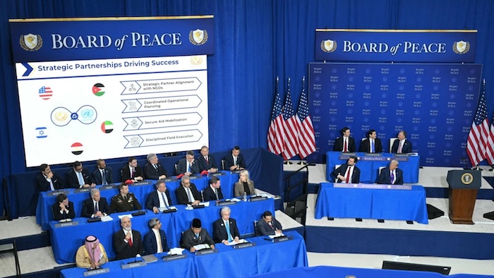 Inaugural meeting of Trump's Board of Peace discussing Gaza reconstruction.