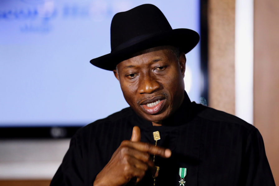 Former President Goodluck Jonathan speaking at a memorial event.