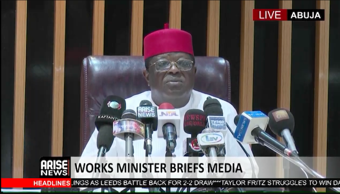 Minister of Works, Dave Umahi, addressing the press regarding road projects.