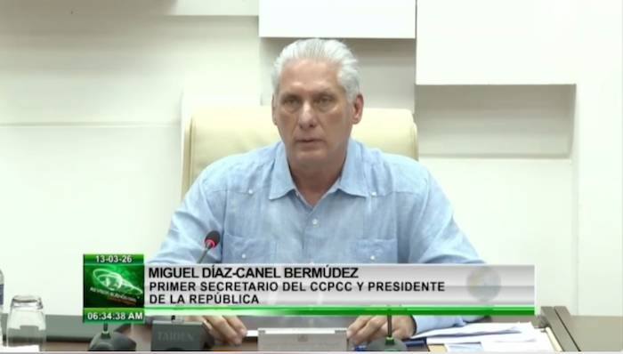 Cuban President Miguel Díaz-Canel speaking at a meeting.