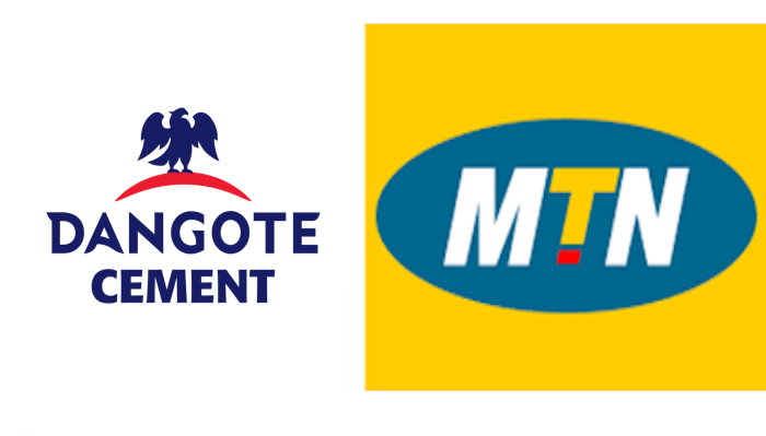 Logos of MTN and Dangote Cement alongside financial charts.