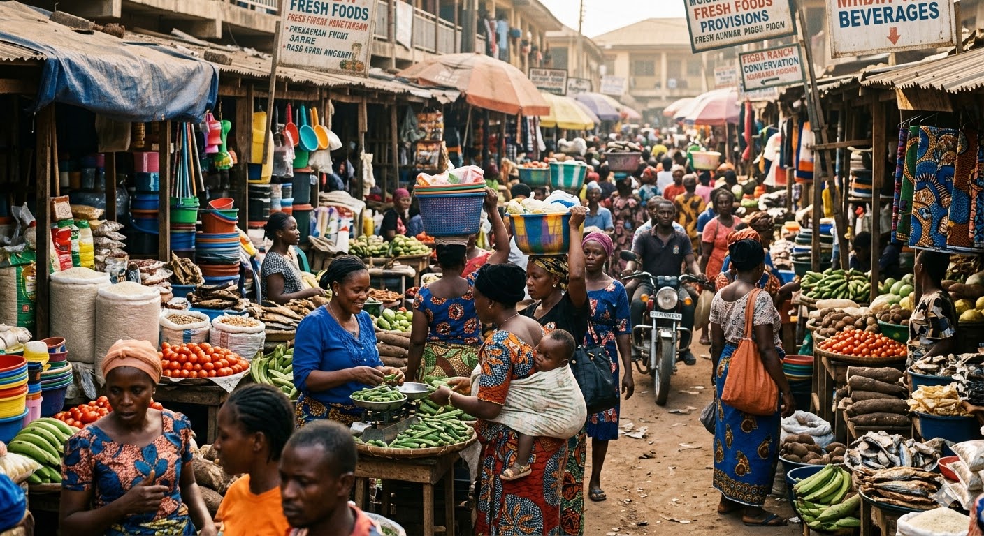 A busy market scene with various food items and stalls.