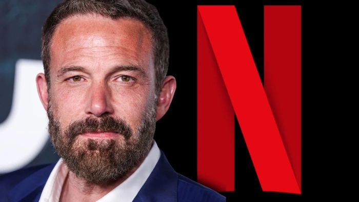 Netflix logo alongside an image representing artificial intelligence and film production.