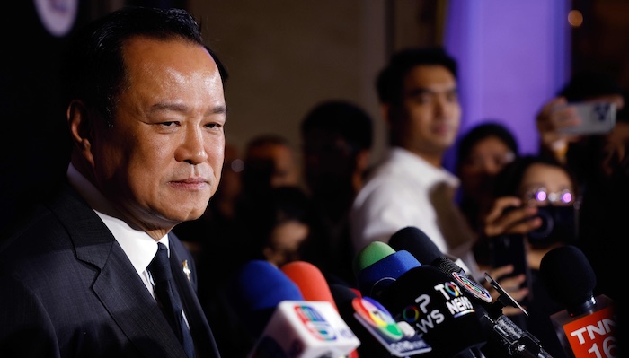 Thai Prime Minister Anutin Charnvirakul speaks at a press conference regarding government formation plans.