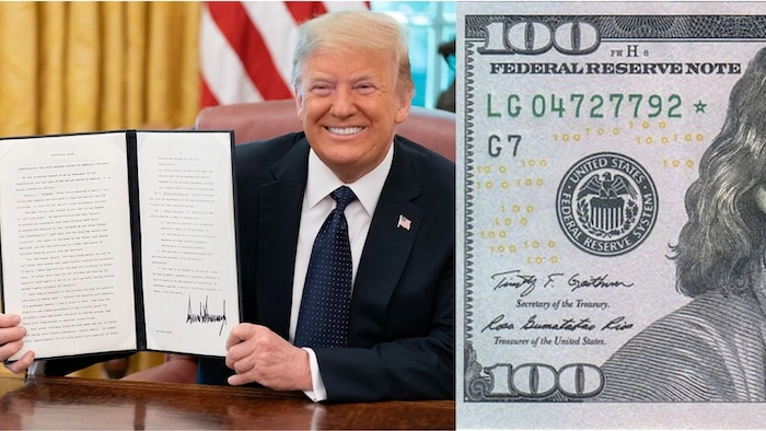 Image depicting US dollar bills featuring Donald Trump's signature