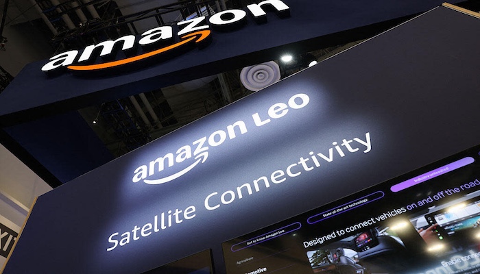 Illustration depicting Amazon's logo and Globalstar's satellite network