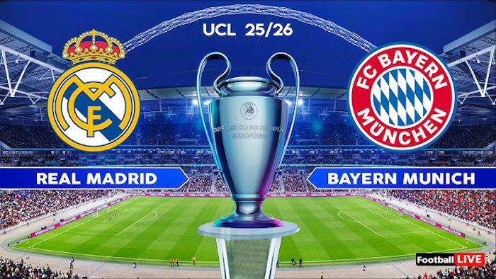 Real Madrid and Bayern Munich players in action during a Champions League match.