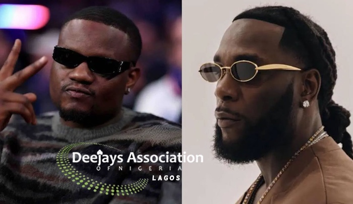 Burna Boy and DJ Tunez pictured in a news graphic related to the DJ Association's playlist ban.