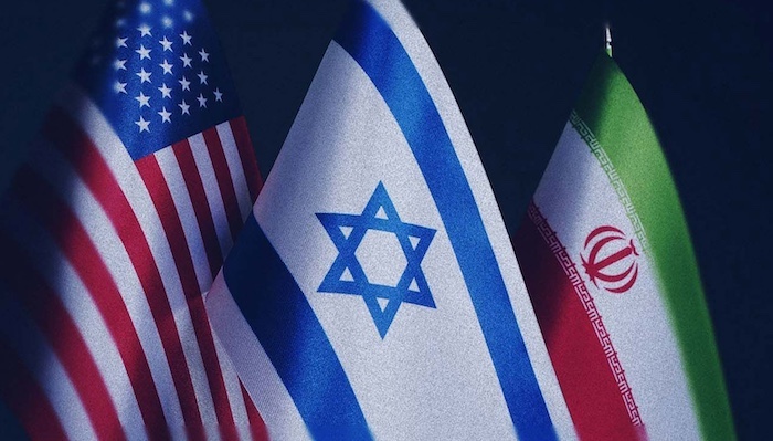 Flags of Israel, the United States, and Iran displayed together.