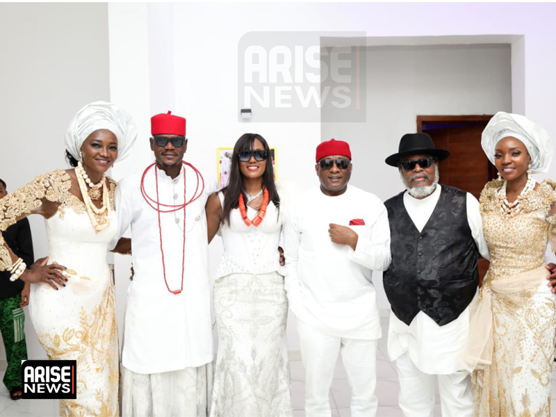 Group photo of prominent individuals at the funeral, including Oluchi Orlandi, John Paul Egwuenu, Ojy Okpe, Allen Onyema, Prince Nduka Obaigbena, and Chief Maureen Okogwu Ikokwu.