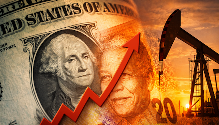 South African Rand currency illustration with a weaker dollar and oil price charts in the background.