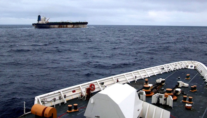 Image of a Russian 'shadow fleet' vessel, representing ships that are continuing to transit through UK waters.