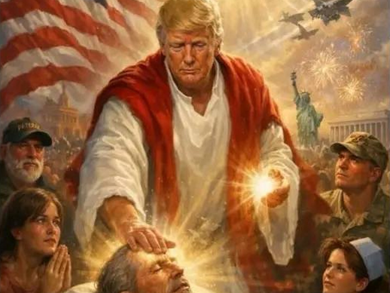 AI-generated image of Donald Trump depicted as Jesus Christ with fighter jets and the Statue of Liberty in the background.