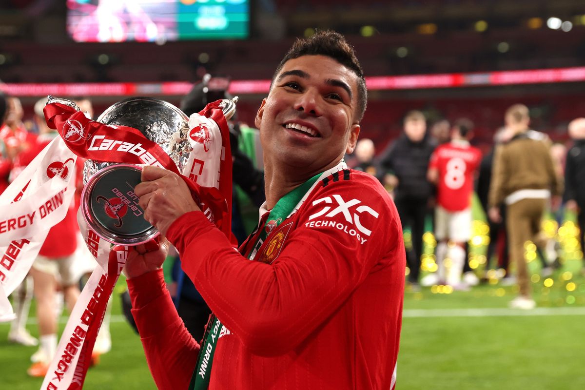 Casemiro celebrating at the League Cup final between Manchester United and Newcastle United