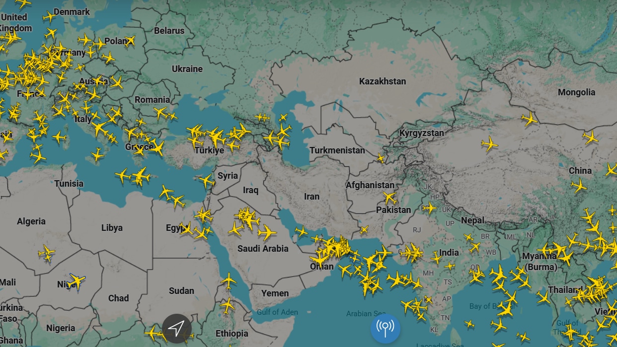 Map showing closed airspace across the Middle East
