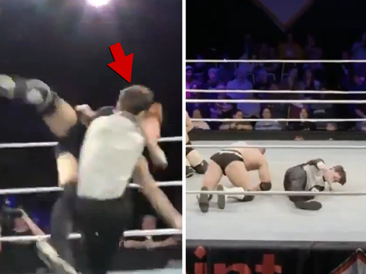 Referee Dallas Edwards experiencing a medical emergency during a wrestling match.
