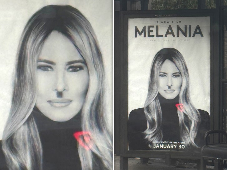 Vandalized movie poster of Melania Trump with alterations, including a Hitler mustache