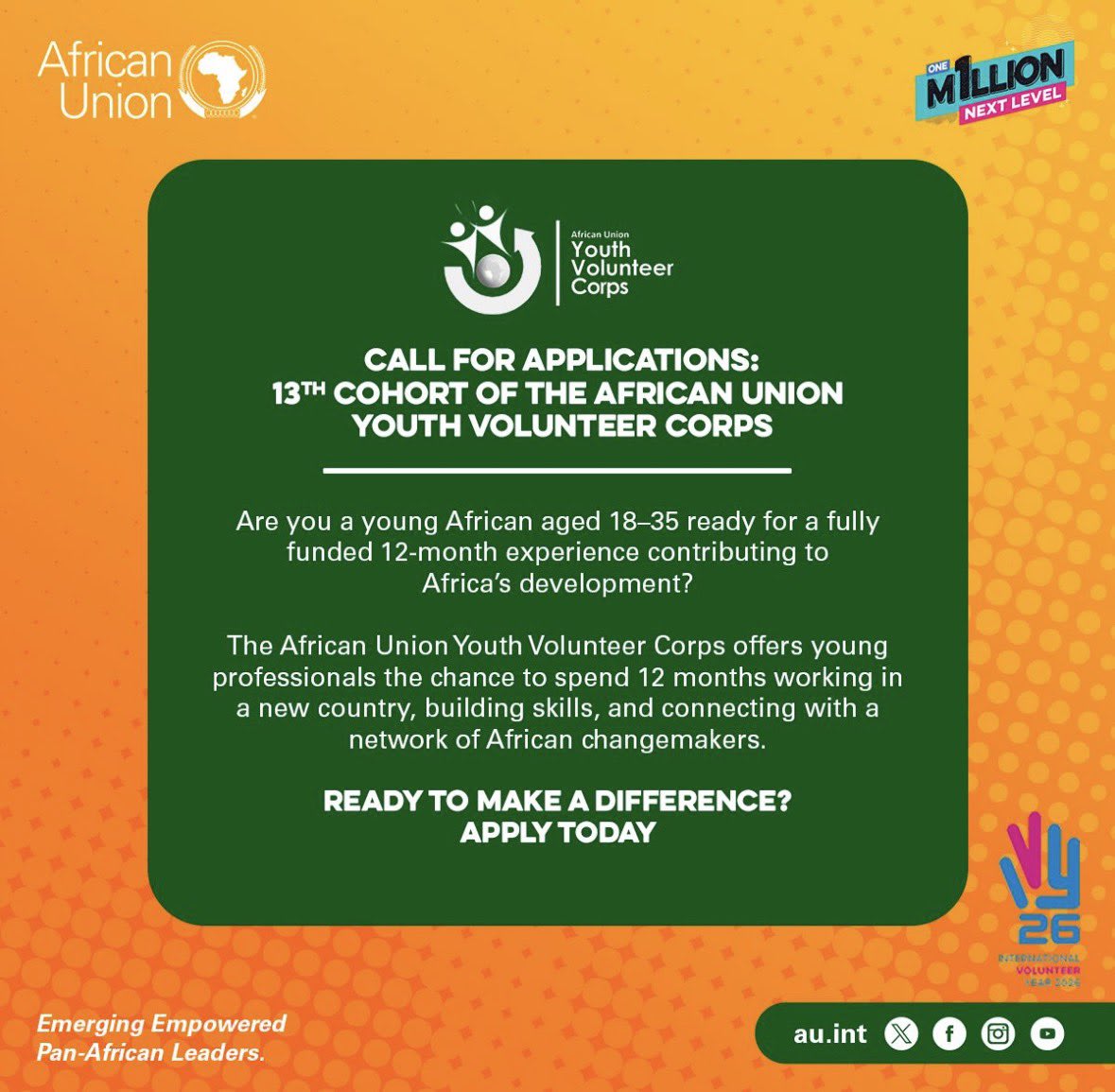 African Union Youth Volunteer Corps (AU-YVC) 2026 Programme for Young Africans