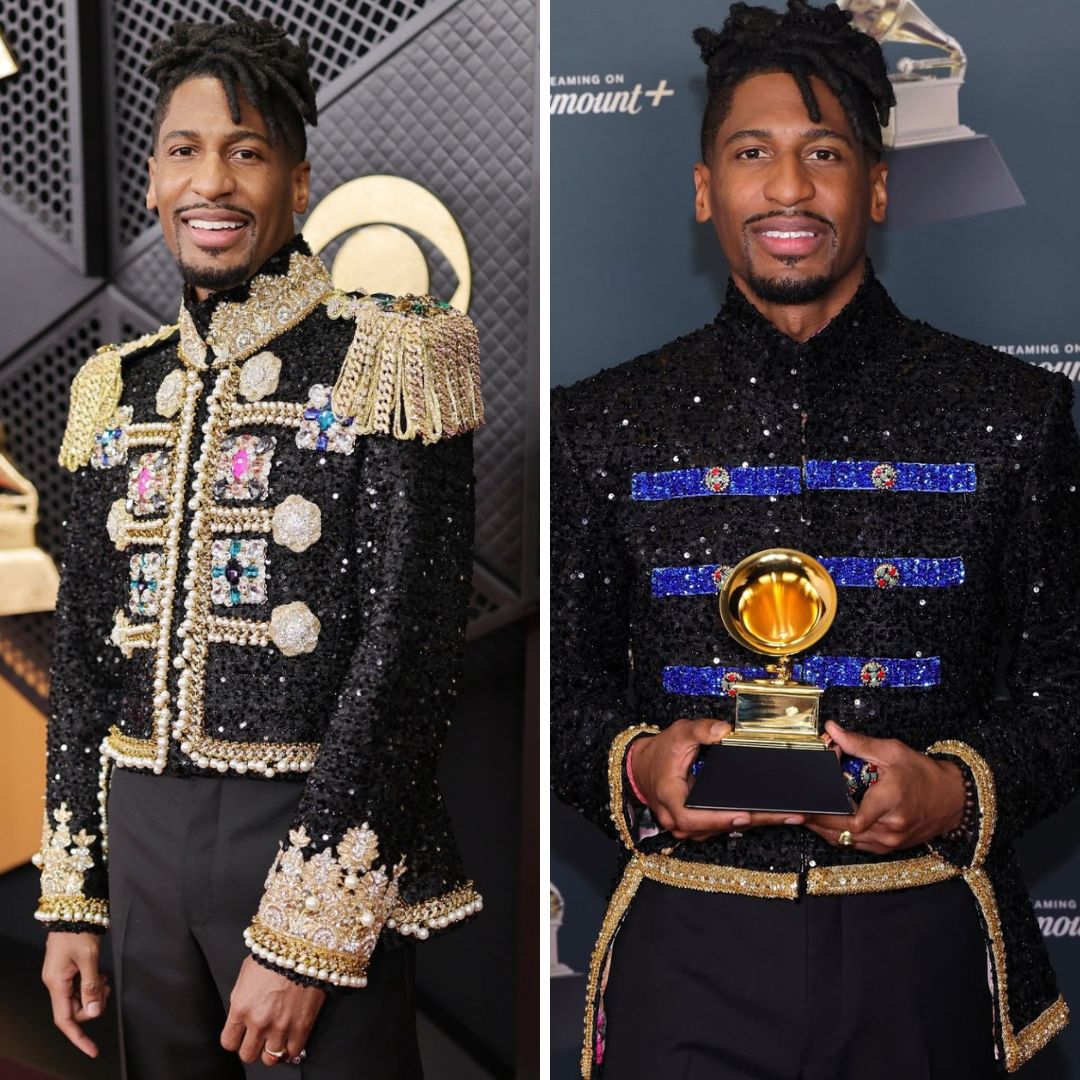 Jon Batiste in a custom jacket designed by Ugo Mozie at the 2026 Grammys