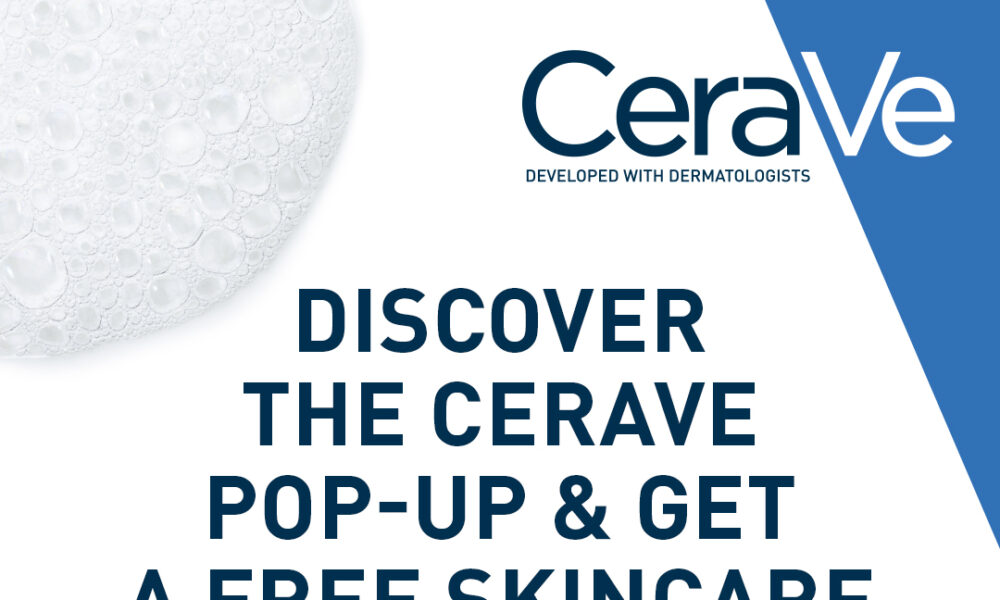 CeraVe skincare pop-up promotional image featuring various CeraVe products.