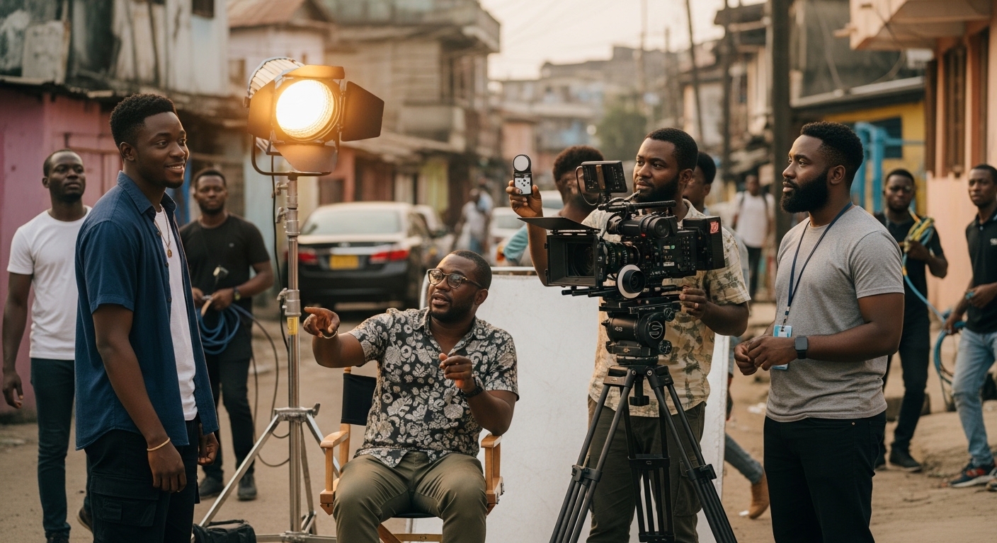 A digital image showing diverse people in a creative setting, possibly representing content creators and filmmakers.