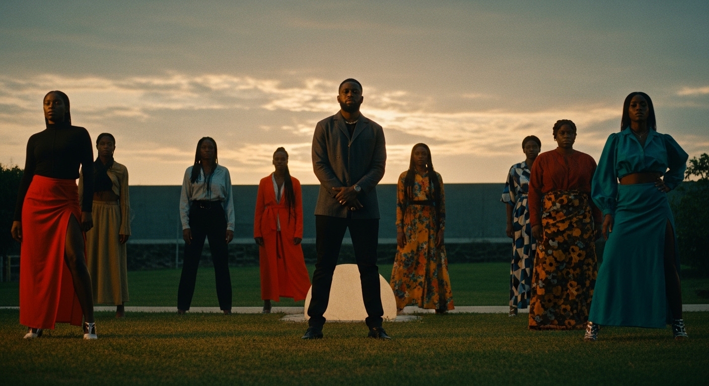 Scene from a contemporary Afrobeats music video featuring vibrant visuals.