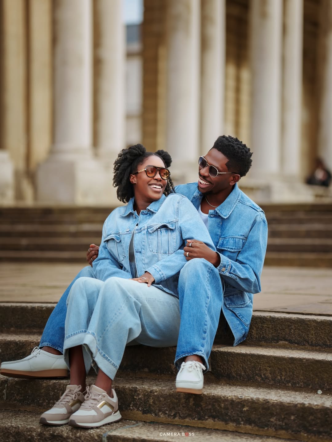 Moses and Marie Bliss celebrating their anniversary in coordinated denim outfits