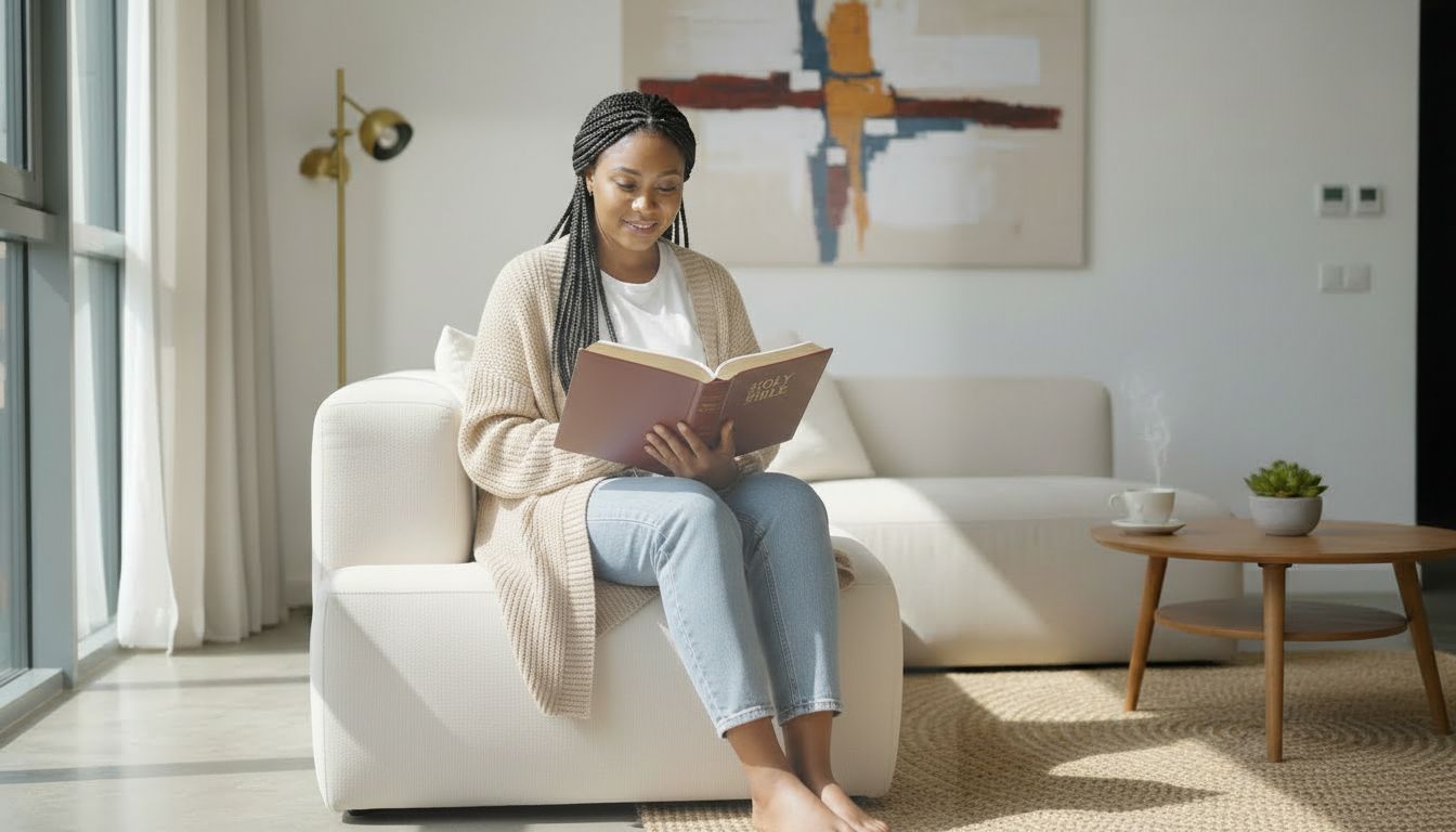 A young woman reading a book, representing reflection and personal growth.