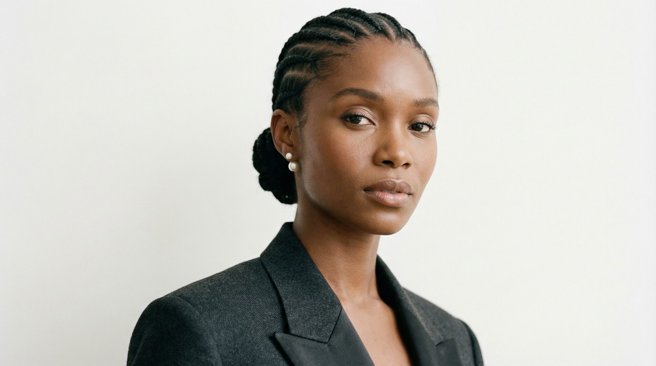 A close-up portrait showcasing a young woman with braided hair.