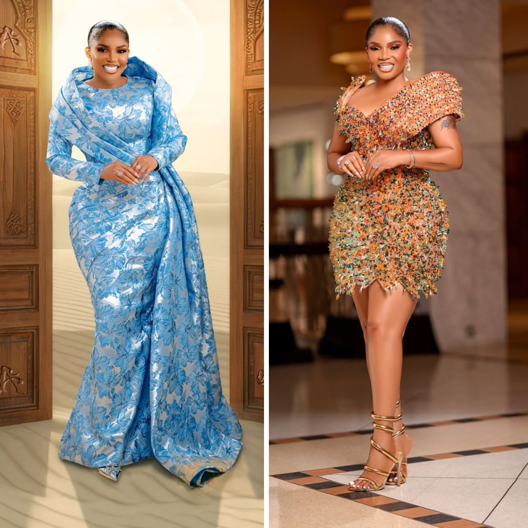 Iyabo Ojo at the premiere of The Return of Arinzo, showing contrasting looks including a blue jacquard gown and a crystal-fringed mini dress.