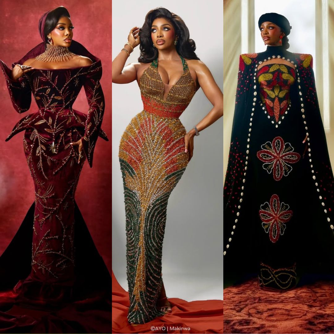 A collage showcasing Chioma Ikokwu in three distinct outfits: the Sevon Dejana velvet gown, the Djec Fashion halterneck, and the Amy Aghomi cape.