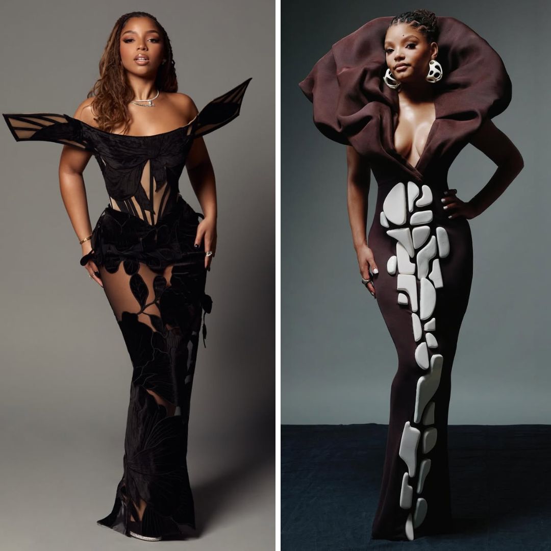 Chloe Bailey in black sheer Christian Siriano gown and Halle Bailey in coffee brown Stéphane Rolland gown at the NAACP Image Awards.