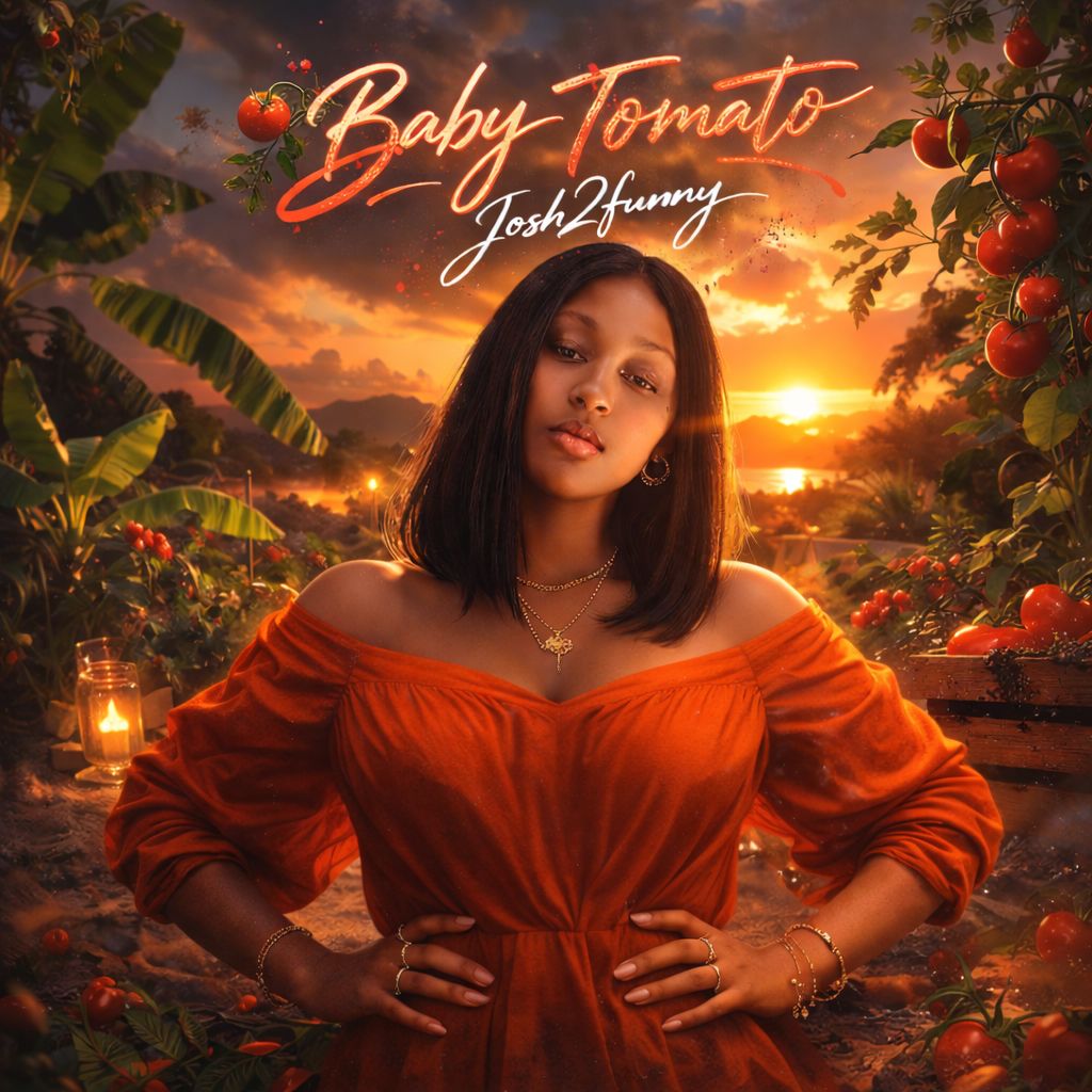 Official cover art for Josh2Funny's 2026 single 'Baby Tomato' featuring a woman in an orange dress against a sunset and tomato garden backdrop.