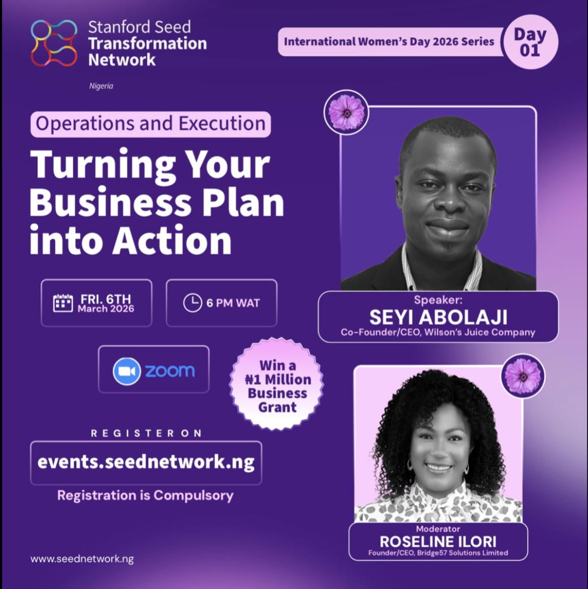 Promotional image for Stanford Seed Network Nigeria's IWD Webinar Series