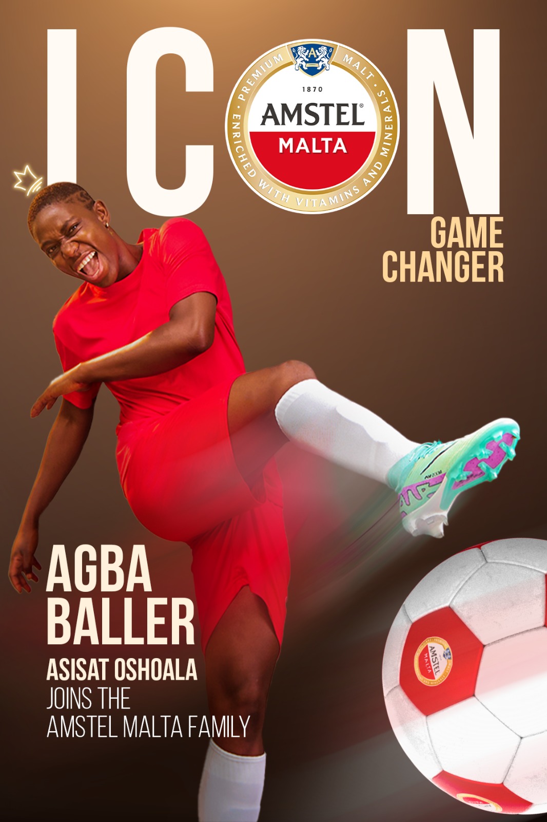 Asisat Oshoala posing with Amstel Malta branding