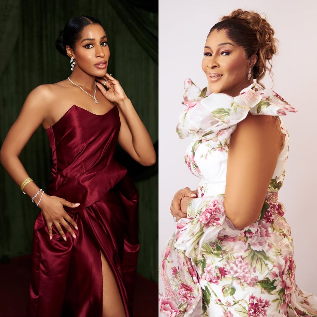 A side-by-side collage showing Nicole Chikwe in a burgundy satin gown with a thigh slit and her mother in a white floral mermaid gown with cascading organza ruffles.