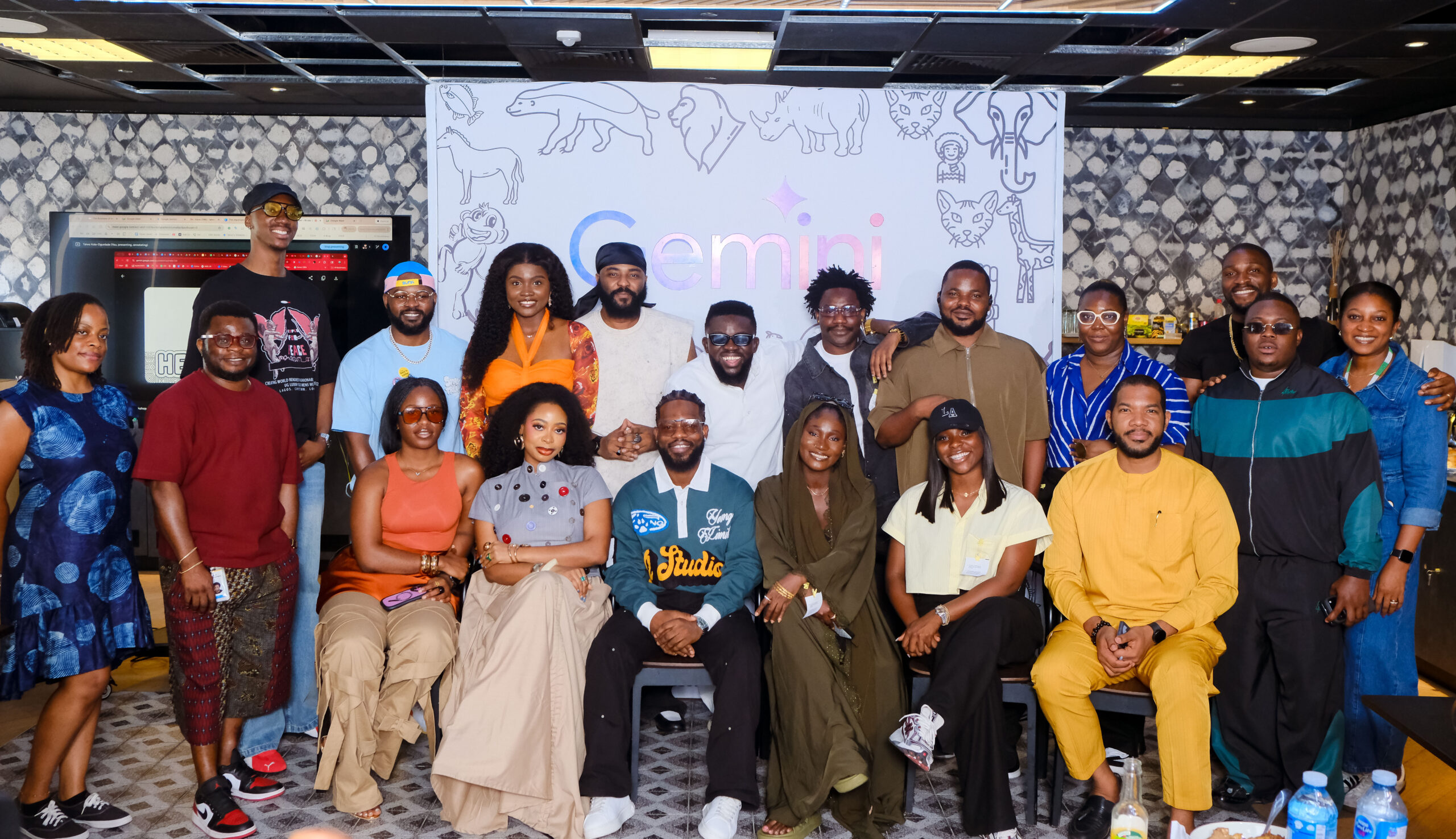 A group of children are shown smiling and interacting during a creative session.