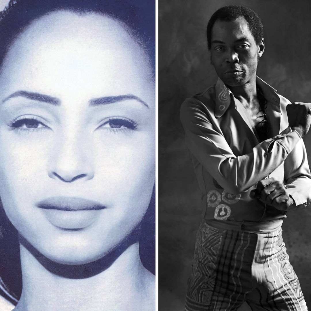 A split image showcasing Sade Adu and Fela Anikulapo-Kuti, both recognized for their induction into the Rock & Roll Hall of Fame Class of 2026.