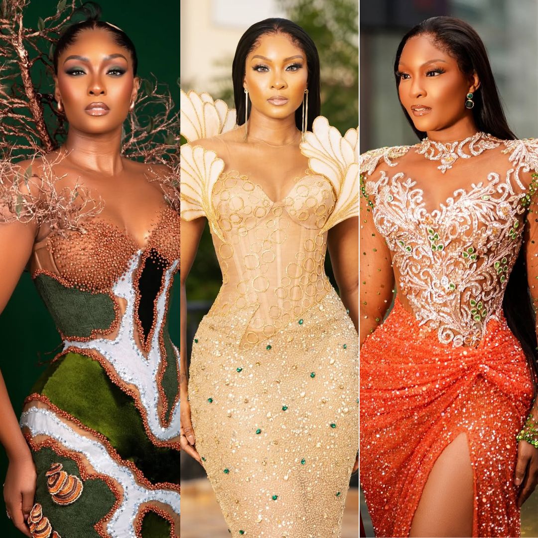 A collage showcasing three distinct Veekee James designs worn by Osas Ighodaro: the Mother Earth gown, her 30th birthday attire, and the outfit for the 3 Cold Dishes premiere.