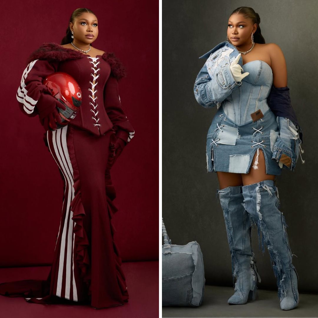 Nollywood actress Ruth Kadiri pictured in two distinct outfits: a burgundy two-piece set with a racing helmet on the left, and an upcycled denim corset, skirt, and boots on the right.