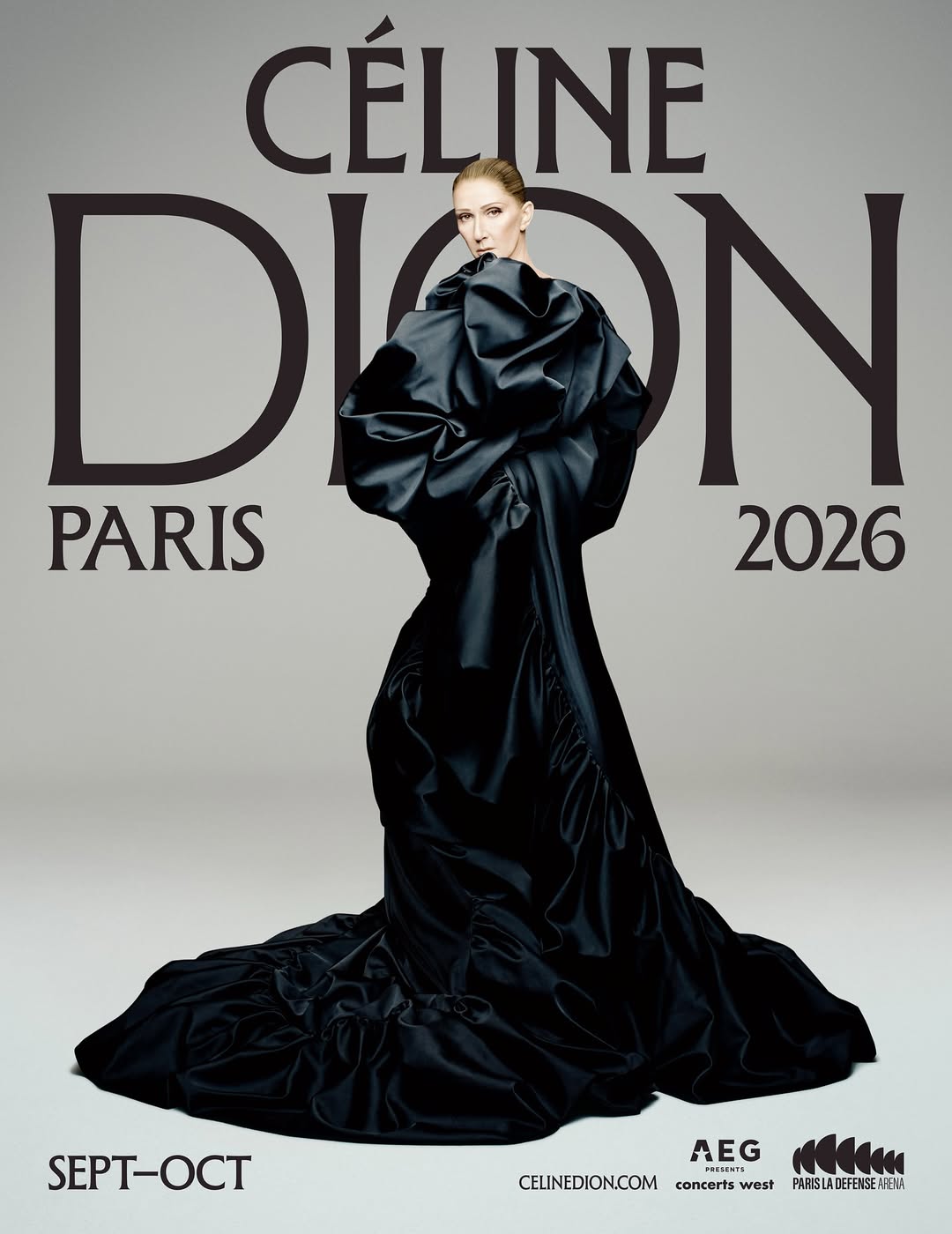 Promotional poster for Celine Dion's Paris residency, featuring the singer in a shimmering gold outfit.