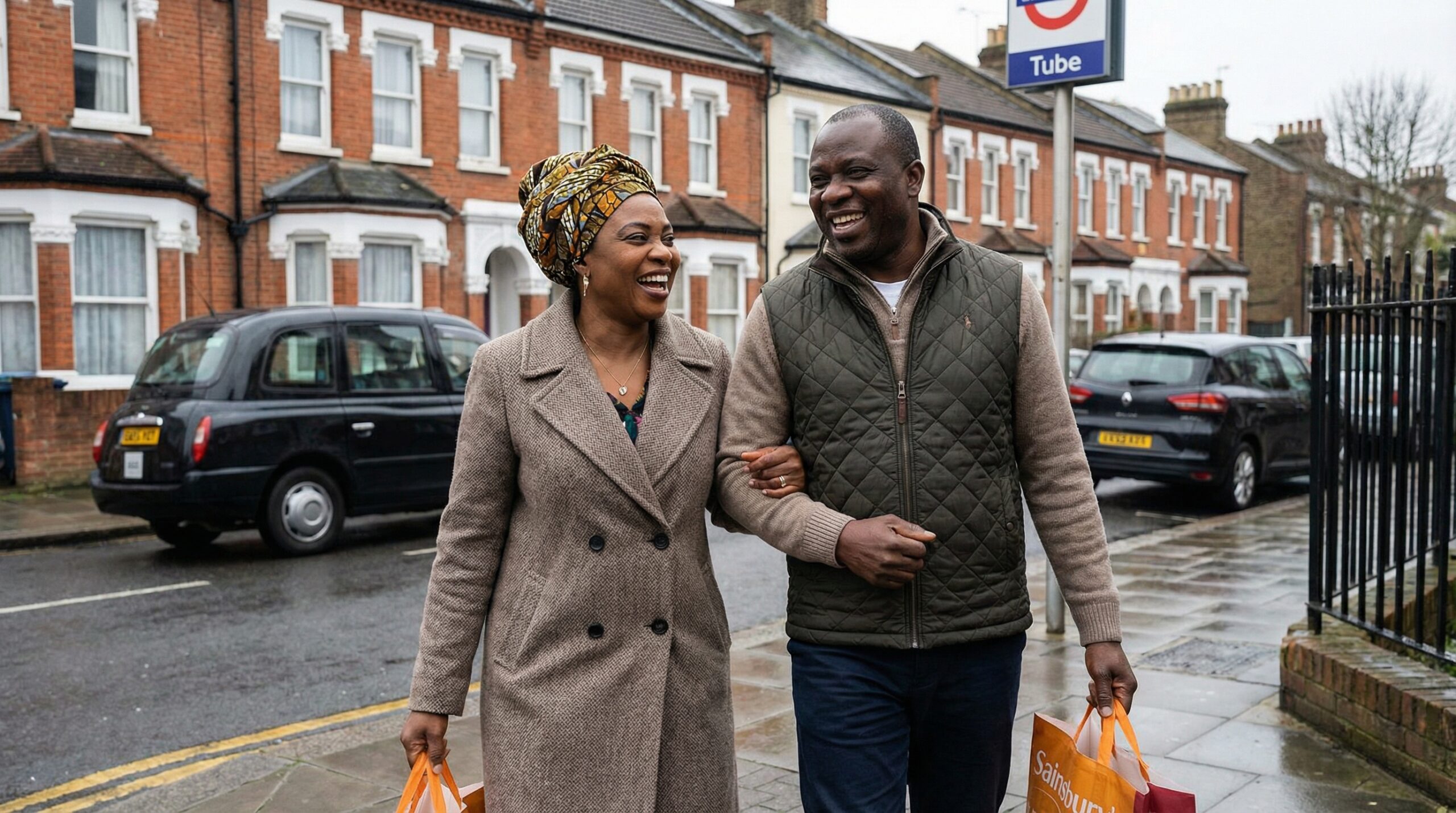 A Nigerian couple standing together, looking into the distance.