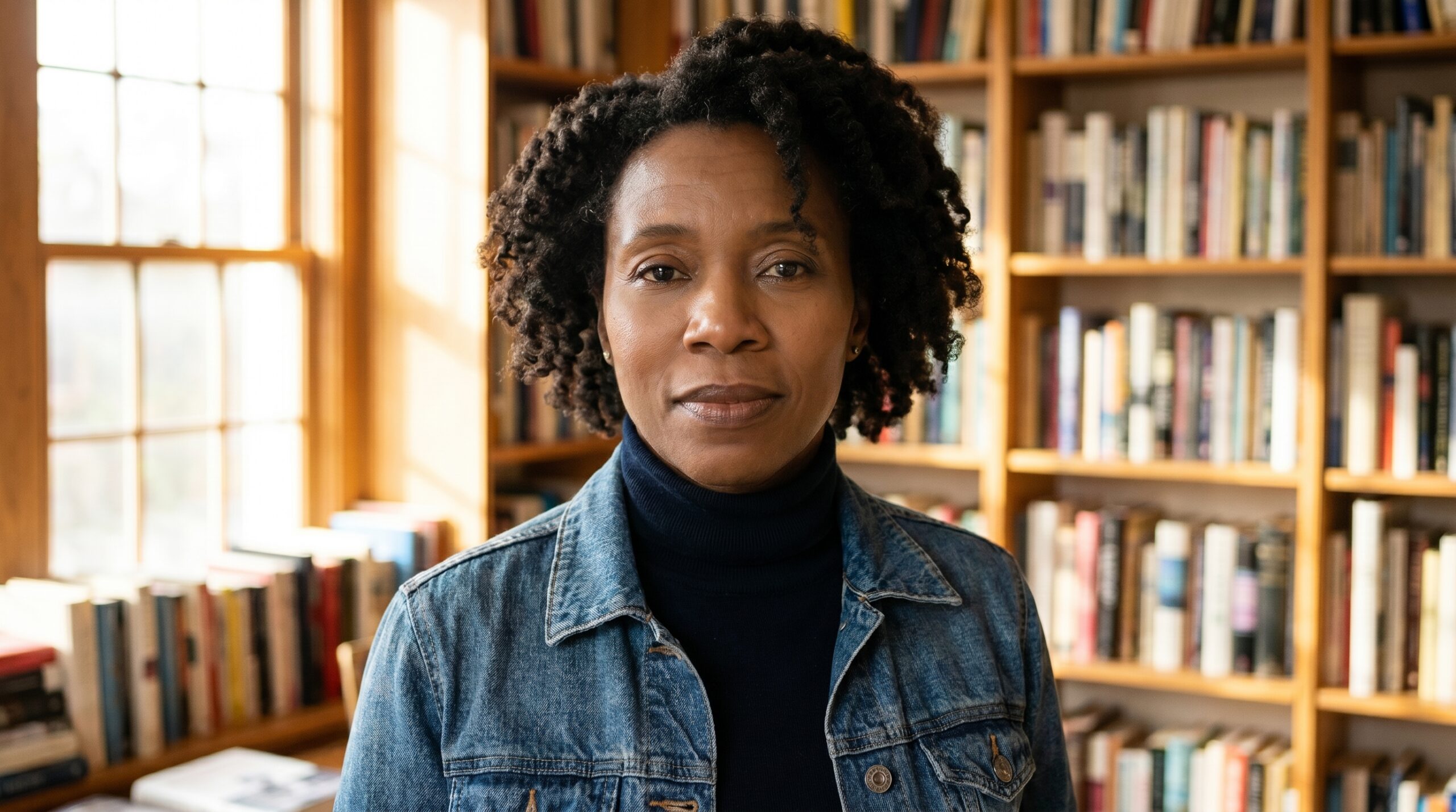 A woman looking directly at the camera, with a thoughtful expression.