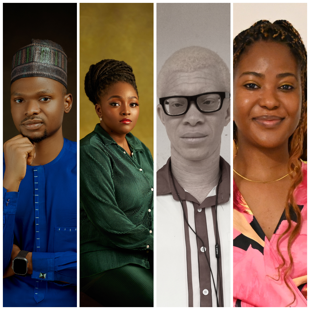 Collage of photos featuring the four shortlisted Nigerian writers: Hussani Abdulrahim, Oluwatoke Adejoye, Ola W. Halim, and Dawn Immanuel.